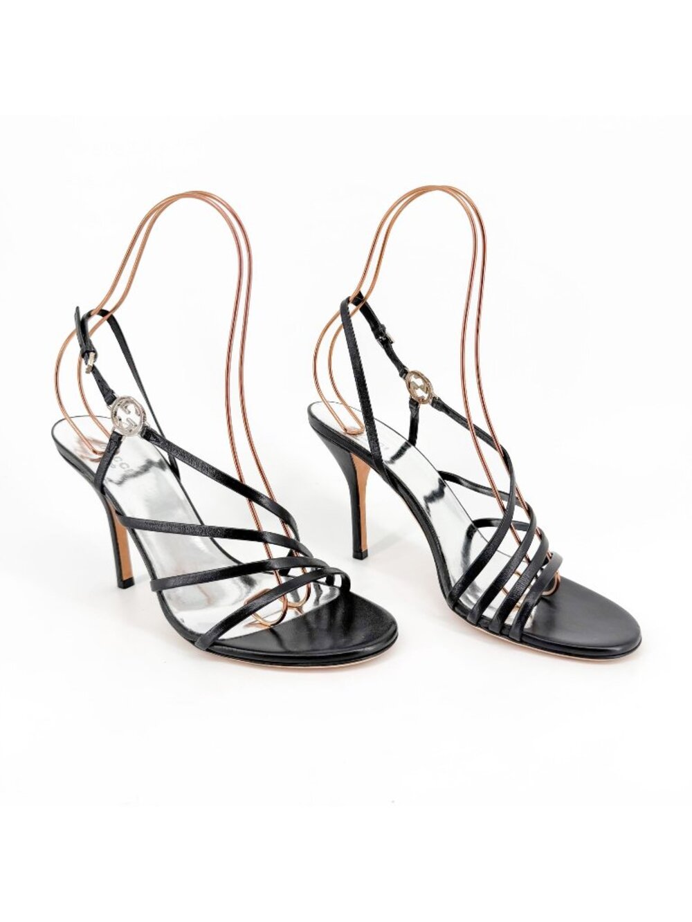 Gucci Strappy Interlocking GG Sandals Size 38.5 US 8.5 Black Leather High Heel
